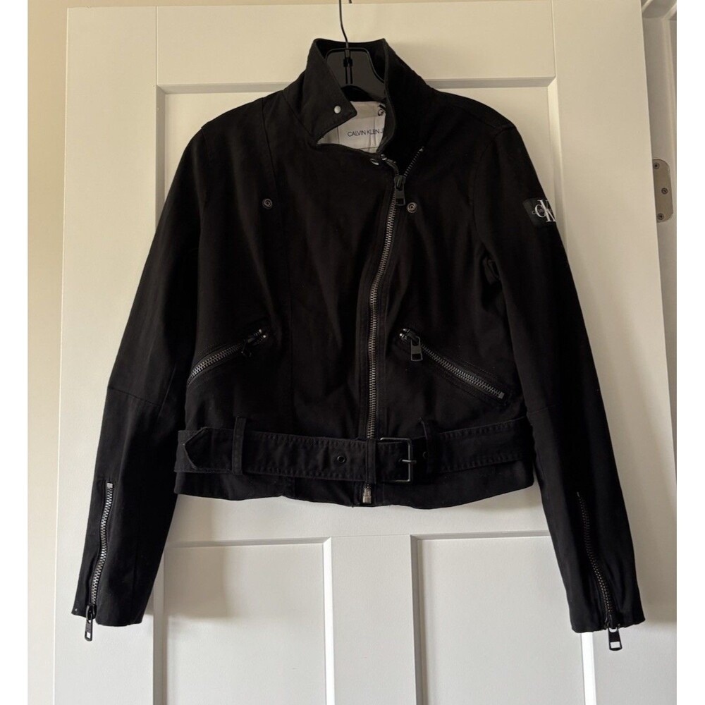 Calvin Klein Jeans Black Cropped Moto Jacket Belted Asymmetrical Zip Women’s Med